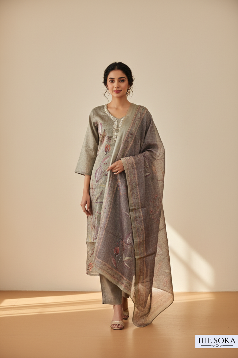 Grey Woven Kurta Set with Printed Floral Dupatta
