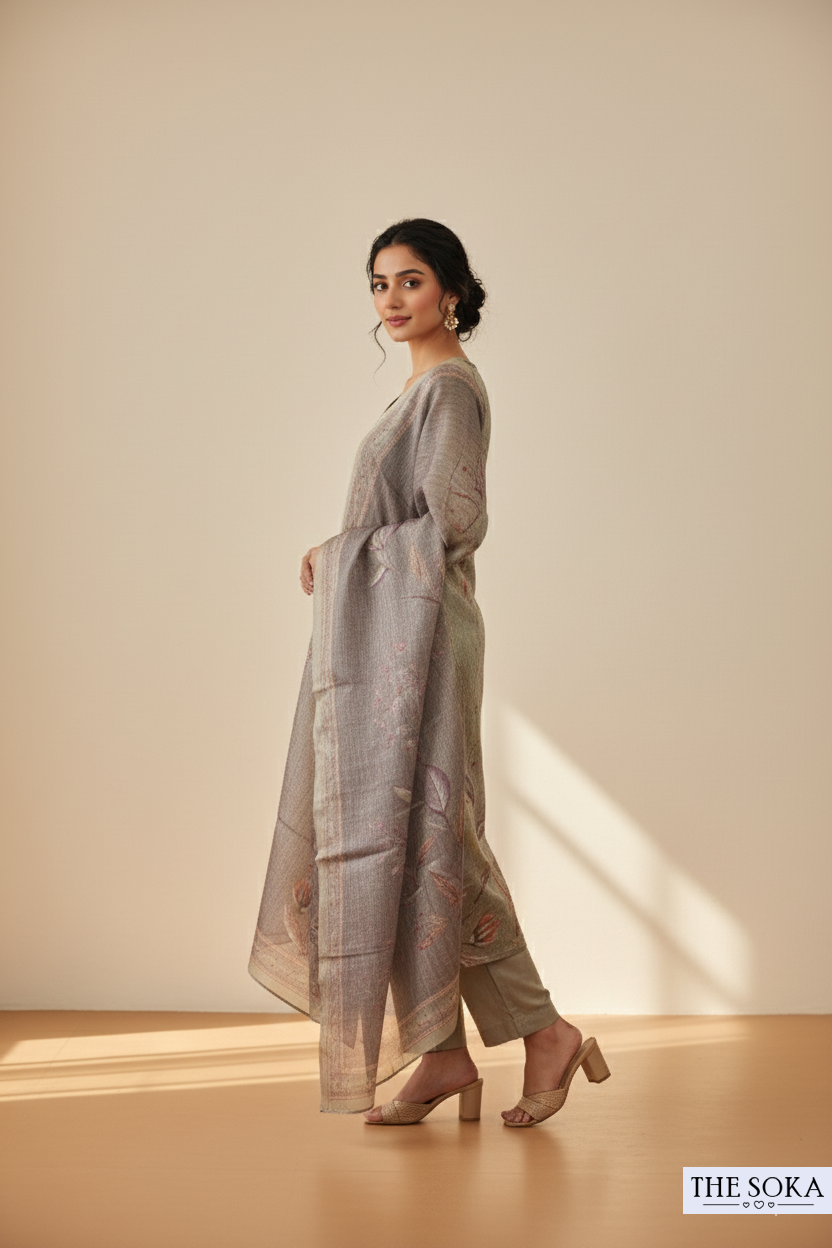 Grey Woven Kurta Set with Printed Floral Dupatta