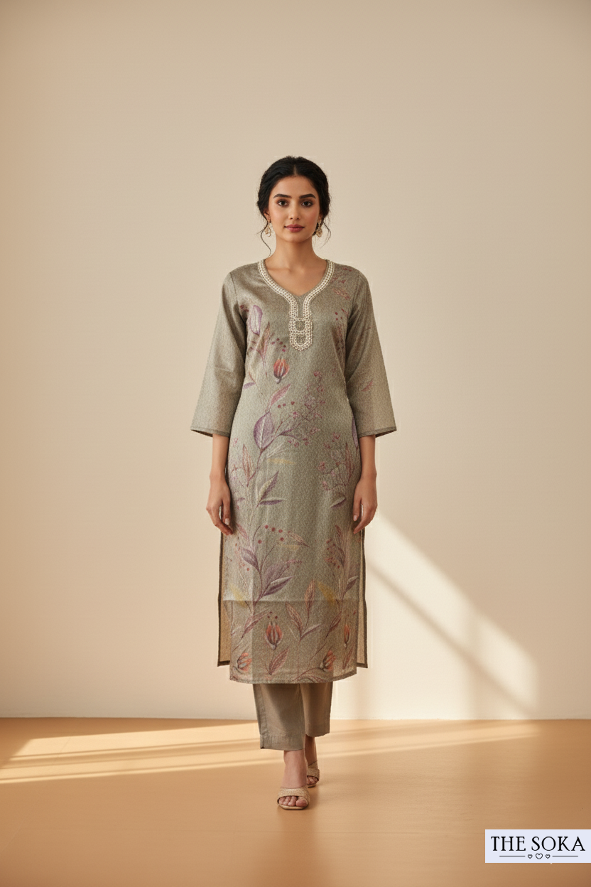 Grey Woven Kurta Set with Printed Floral Dupatta