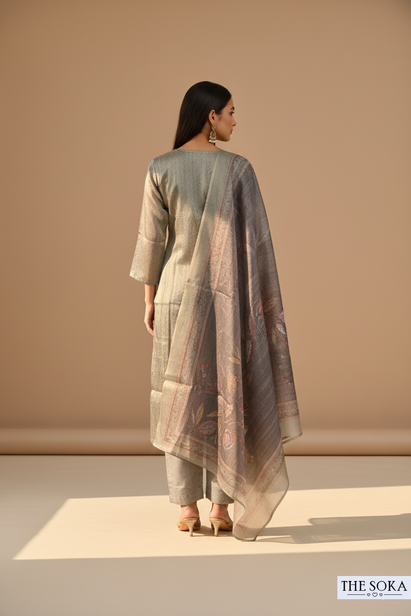 Grey Woven Kurta Set with Printed Floral Dupatta