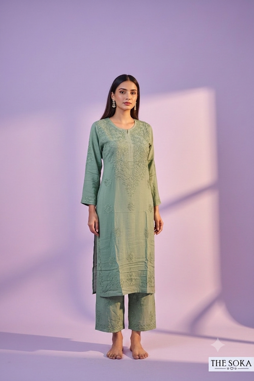 Dusty Green Pure Chikankari Premium Modal Embroidered Handwork Set