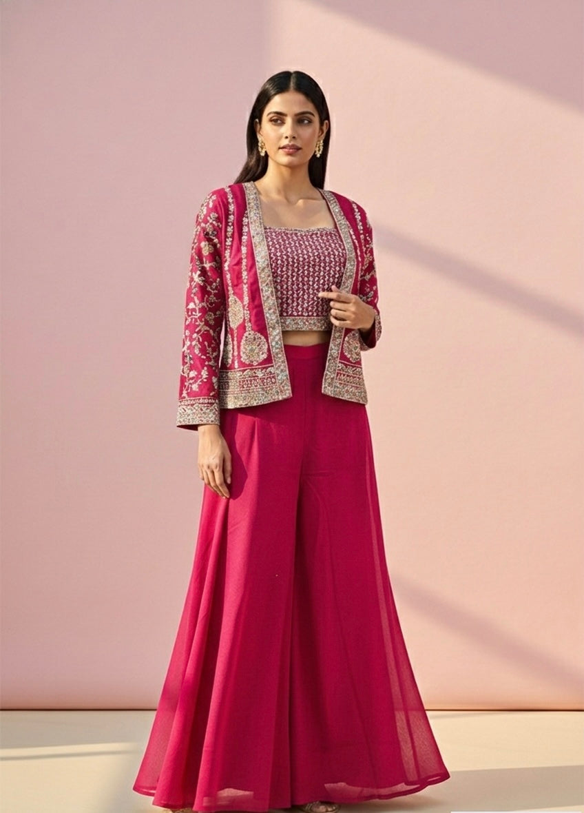 Rani Pink Embroidered Crop Top with Flared Palazzo & Jacket Set