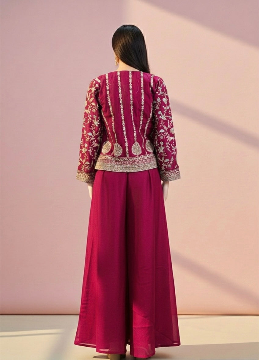 Rani Pink Embroidered Crop Top with Flared Palazzo & Jacket Set