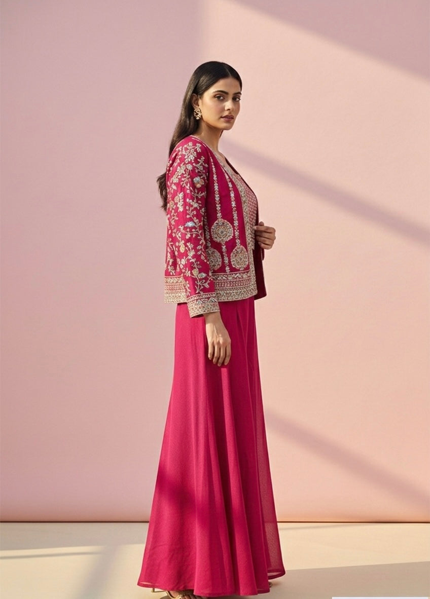 Rani Pink Embroidered Crop Top with Flared Palazzo & Jacket Set