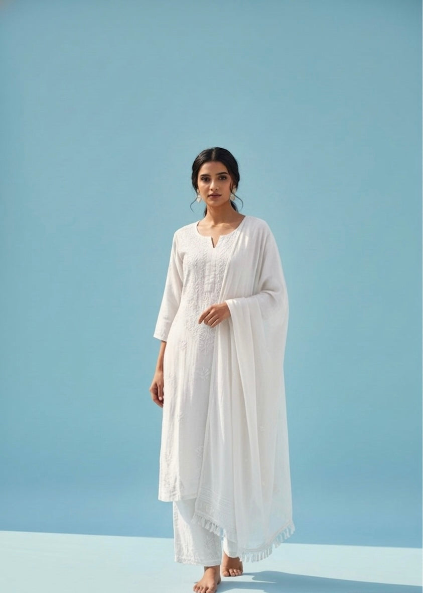 White Pure Chikankari Premium Reyon Embroidered Handwork 