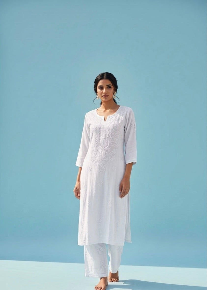 White Pure Chikankari Premium Reyon Embroidered Handwork 