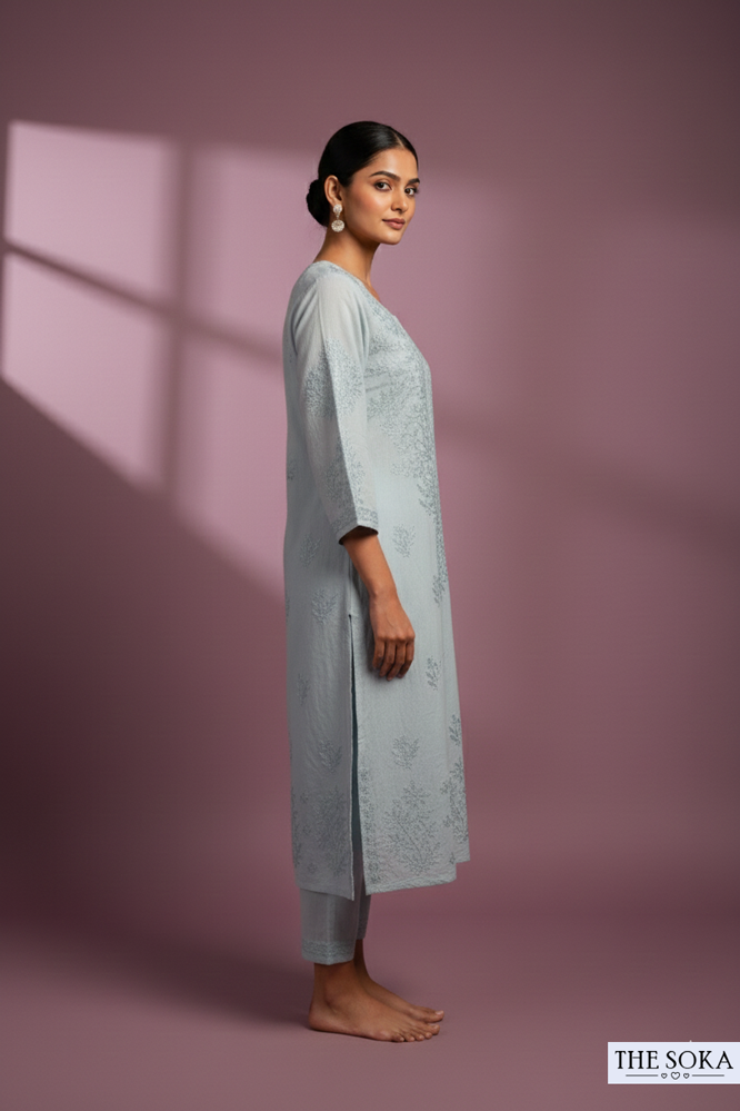Ice Blue Pure Chikankari Premium Reyon Long Kurti Embroidered Handwork