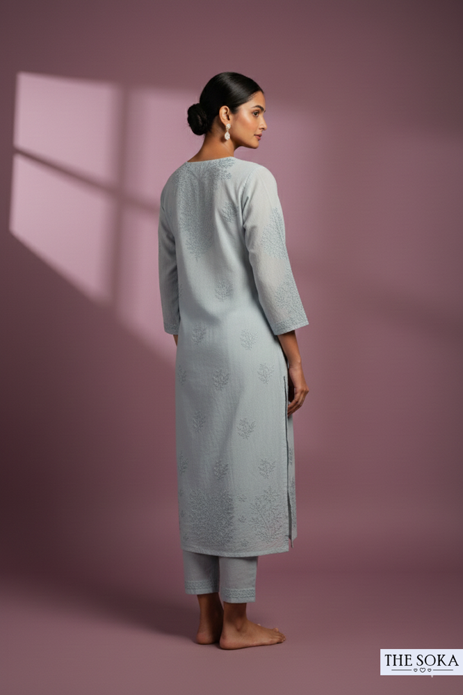 Ice Blue Pure Chikankari Premium Reyon Long Kurti Embroidered Handwork