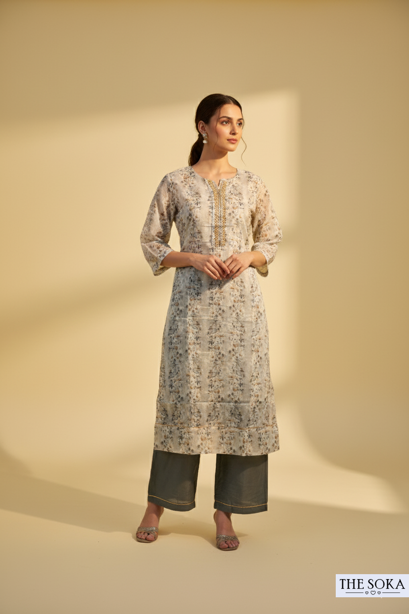 Ivory Floral Print Kurta Set with Grey Pants and Dupatta