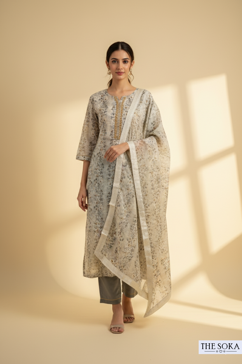 Ivory Floral Print Kurta Set with Grey Pants and Dupatta