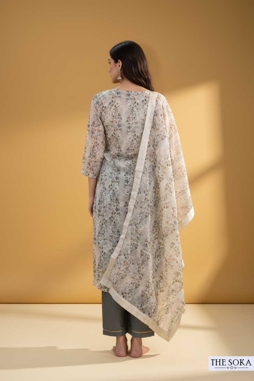 Ivory Floral Print Kurta Set with Grey Pants and Dupatta