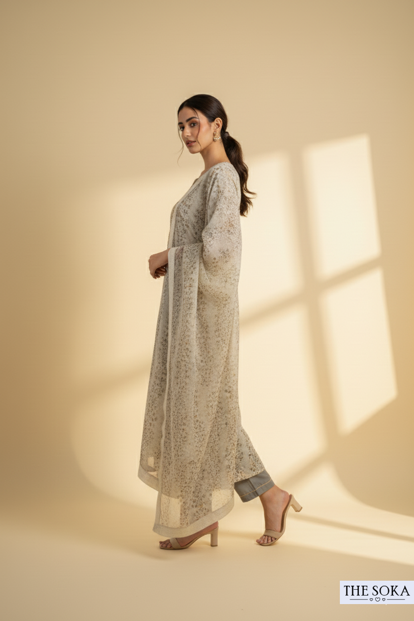 Ivory Floral Print Kurta Set with Grey Pants and Dupatta