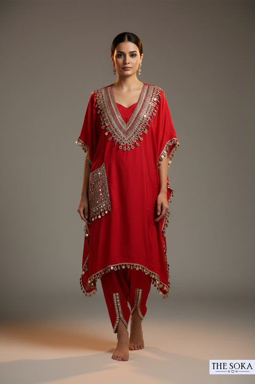 Natural Crepe Red Kaftan Style Kurta Set with Dhoti Pants