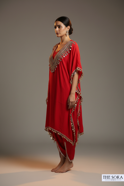 Natural Crepe Red Kaftan Style Kurta Set with Dhoti Pants
