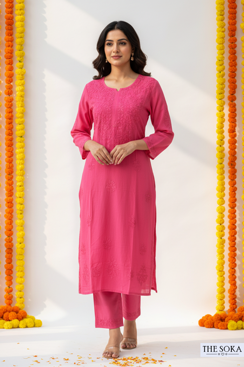 Pink Pure Chikankari Premium Modal Embroidered Handwork Set