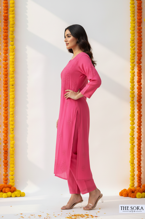 Pink Pure Chikankari Premium Modal Embroidered Handwork Set
