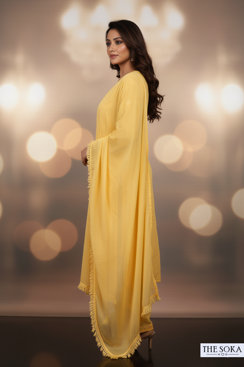 Light Yellow Pure Chikankari Premium Reyon Embroidered Handwork 