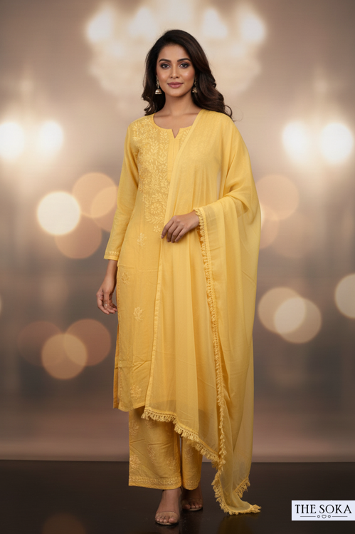 Light Yellow Pure Chikankari Premium Reyon Embroidered Handwork 