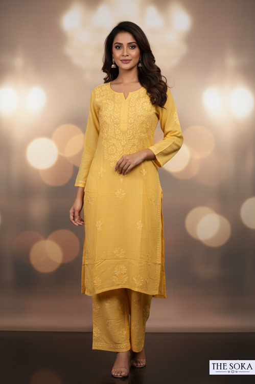 Light Yellow Pure Chikankari Premium Reyon Embroidered Handwork 