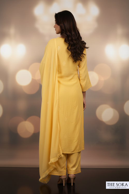 Light Yellow Pure Chikankari Premium Reyon Embroidered Handwork 