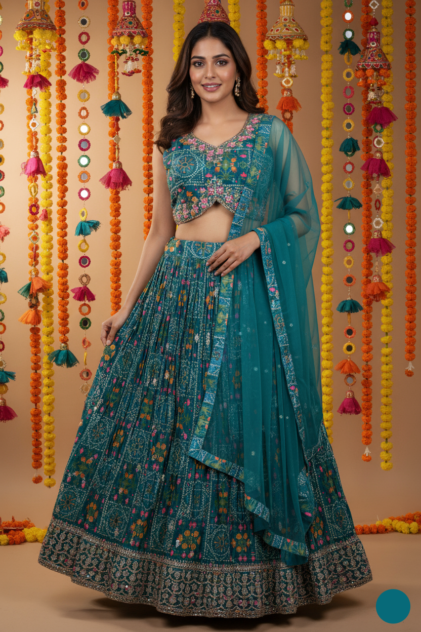 Woman in a teal traditional outfit with colorful decorations in the background