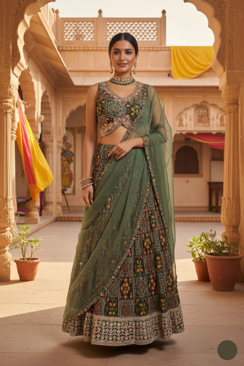 Woman in traditional green and gold saree standing in a decorative indoor setting.