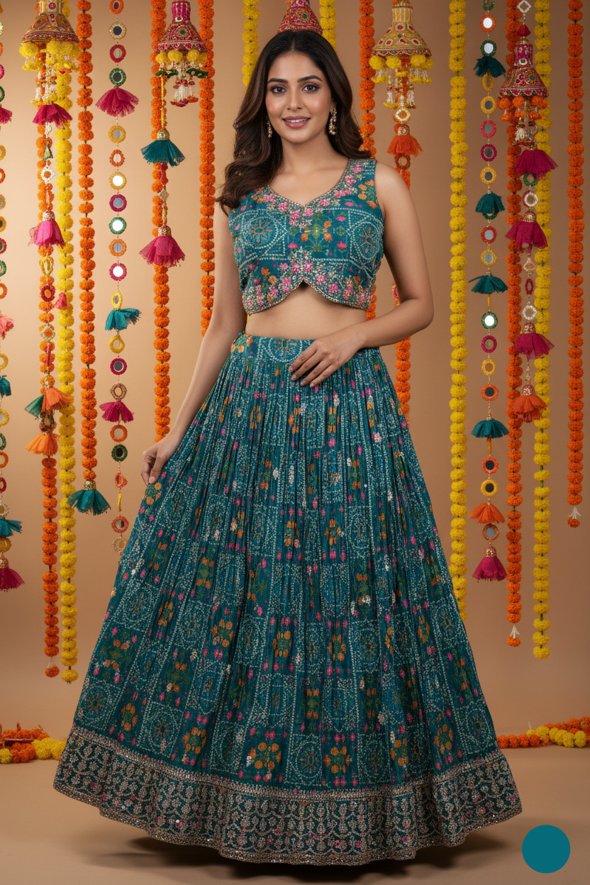 Woman wearing a traditional teal outfit with intricate patterns against a decorative background.