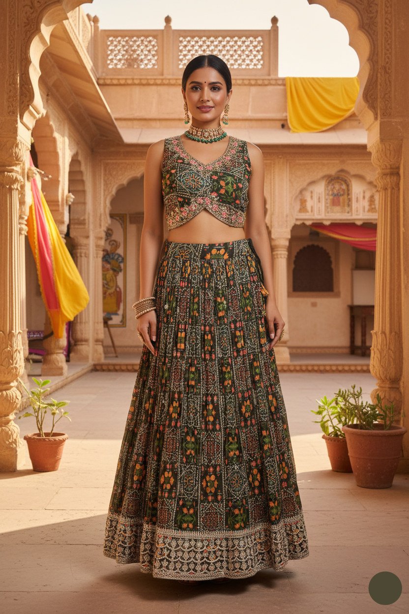 Woman in traditional outfit standing in a decorative indoor setting with arches and plants.