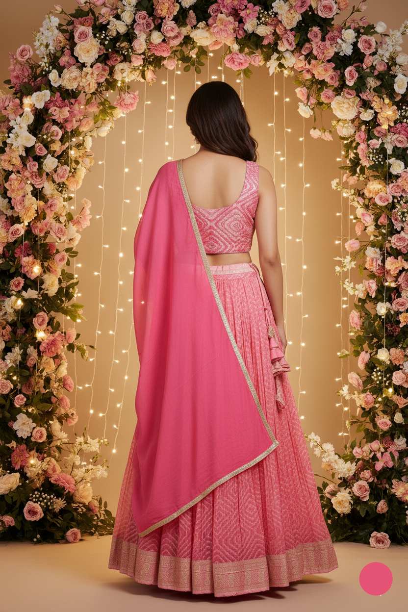 Woman in a pink traditional outfit standing in front of a floral arch with lights.