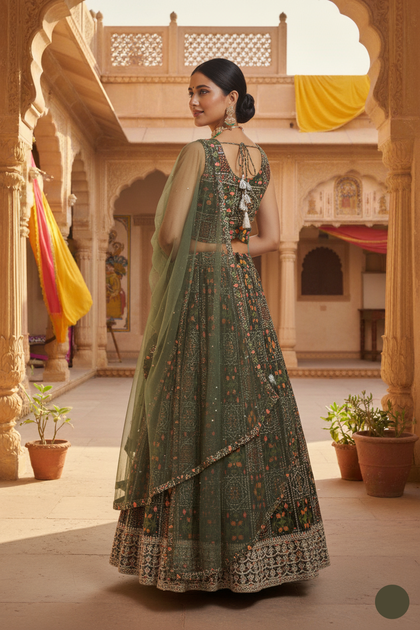 Woman in traditional green and black embroidered outfit standing in a decorative courtyard.