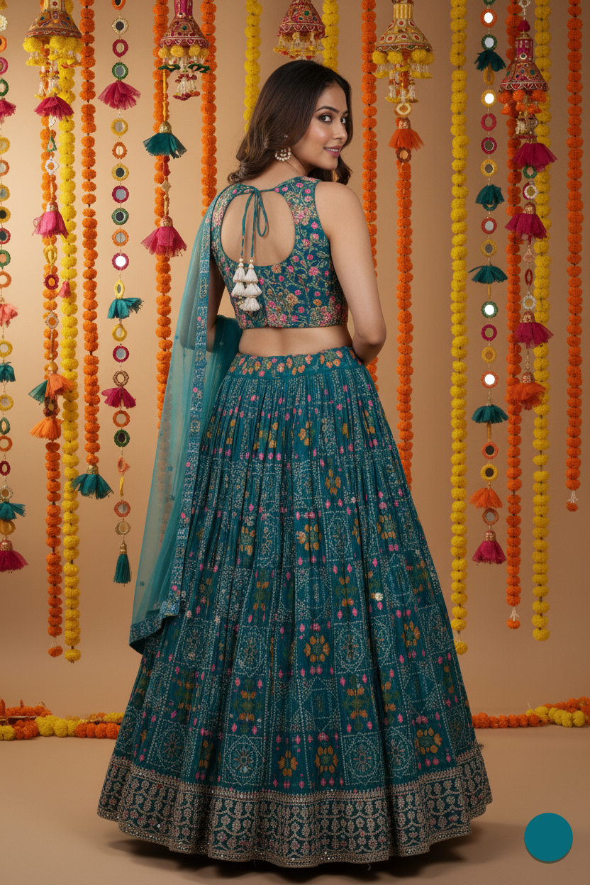 Woman in a traditional teal outfit with a colorful background