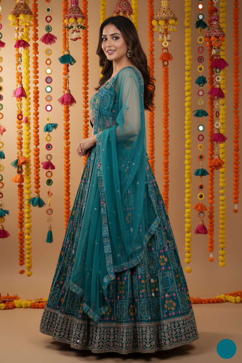 Woman in a teal traditional outfit with decorative background