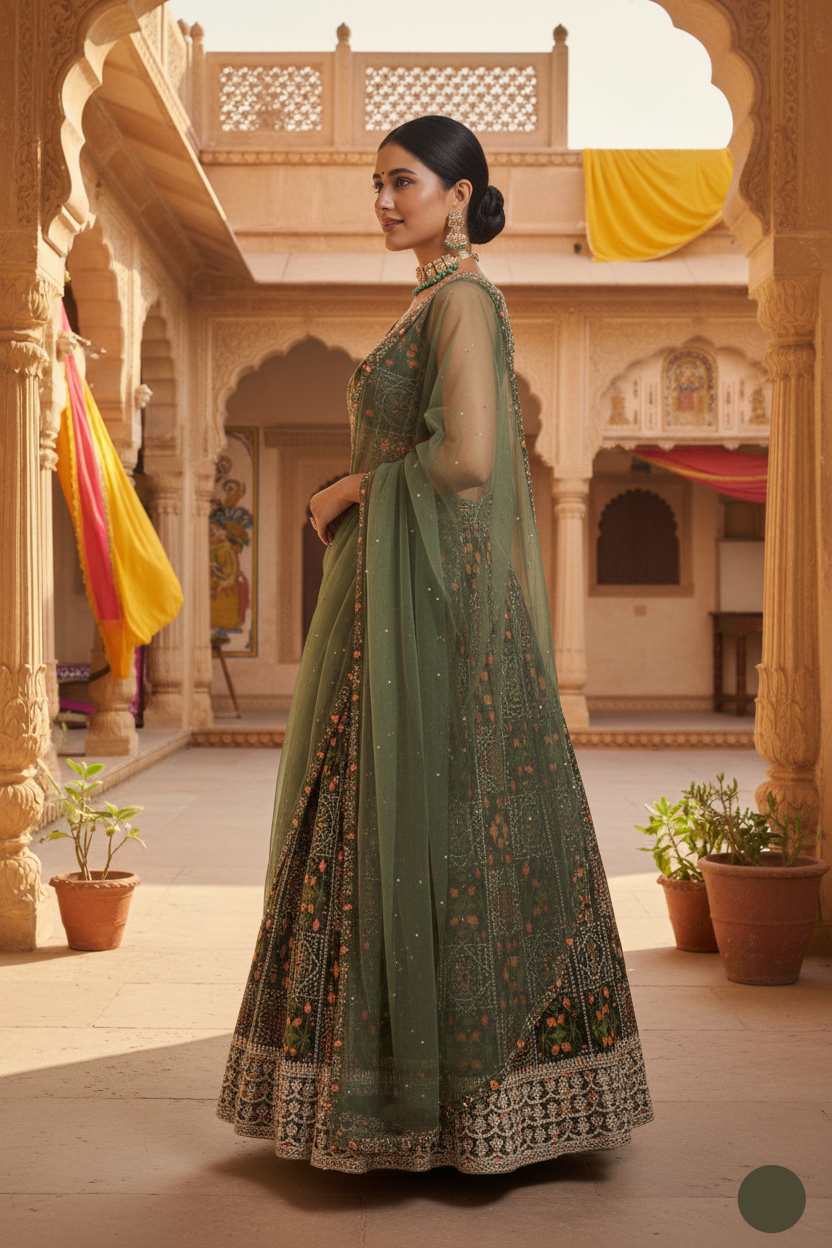 Woman in a green traditional outfit standing in an ornate courtyard.