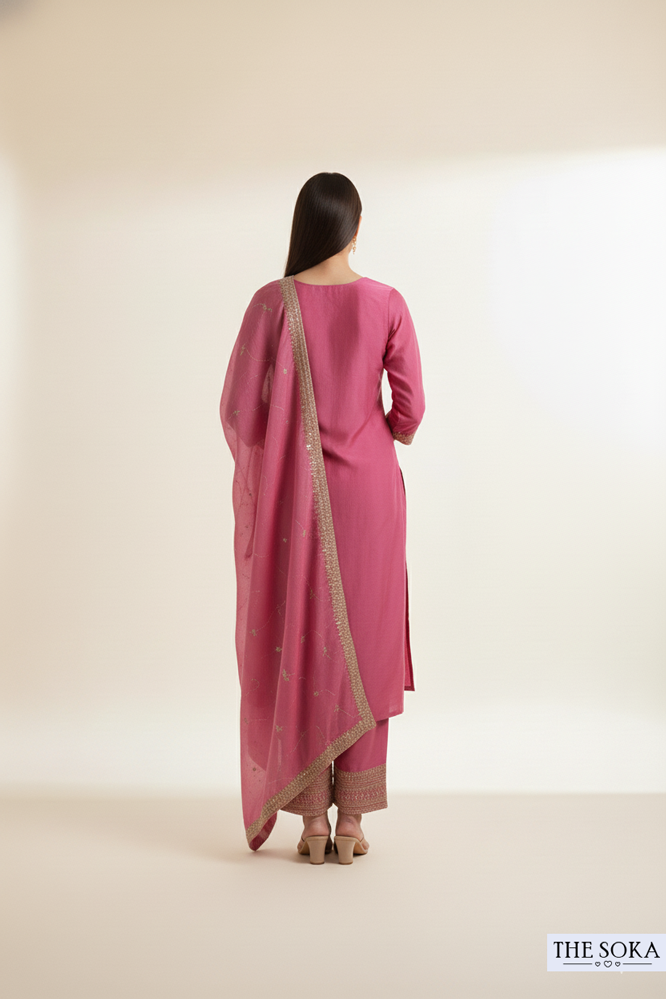 Magenta Undertone Embroidered Kurta Set with  Pants and Dupatta