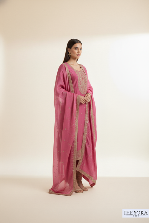 Magenta Undertone Embroidered Kurta Set with  Pants and Dupatta