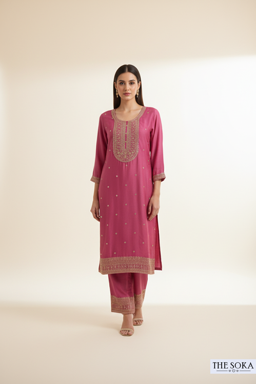 Magenta Undertone Embroidered Kurta Set with  Pants and Dupatta