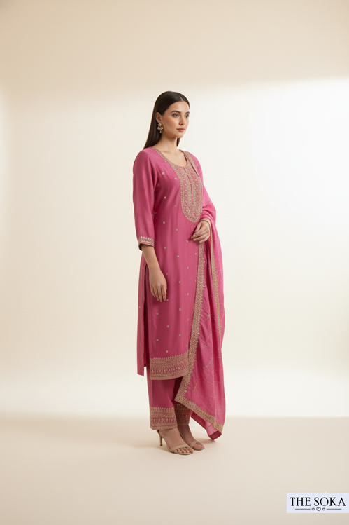 Magenta Undertone Embroidered Kurta Set with  Pants and Dupatta