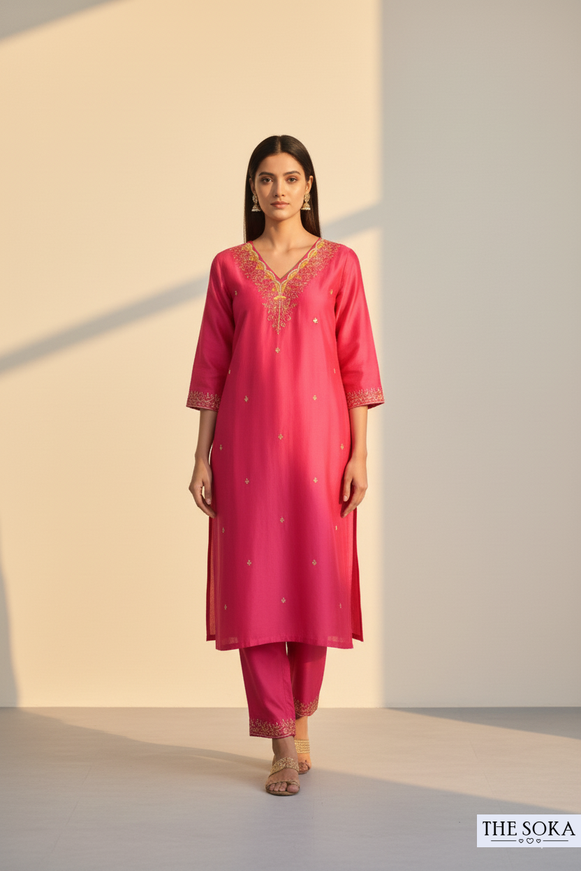 Magenta Embroidered Kurta Set with Pant and Floral Print Dupatta