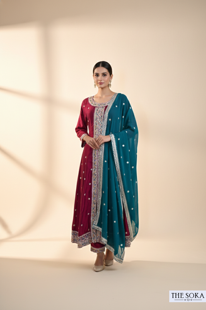 Maroon Embroidered Anarkali Suit Set with Teal Dupatta