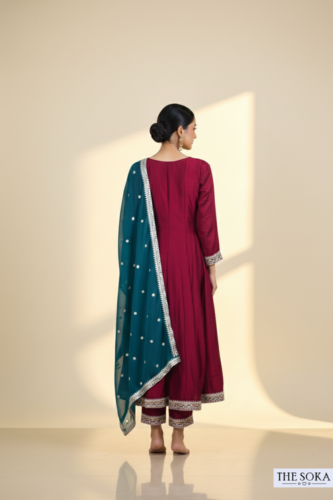 Maroon Embroidered Anarkali Suit Set with Teal Dupatta