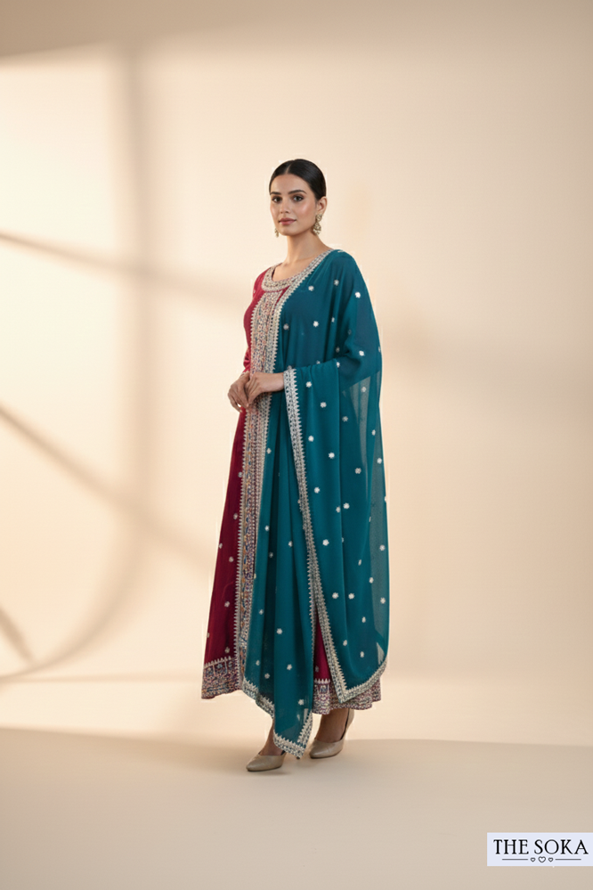 Maroon Embroidered Anarkali Suit Set with Teal Dupatta