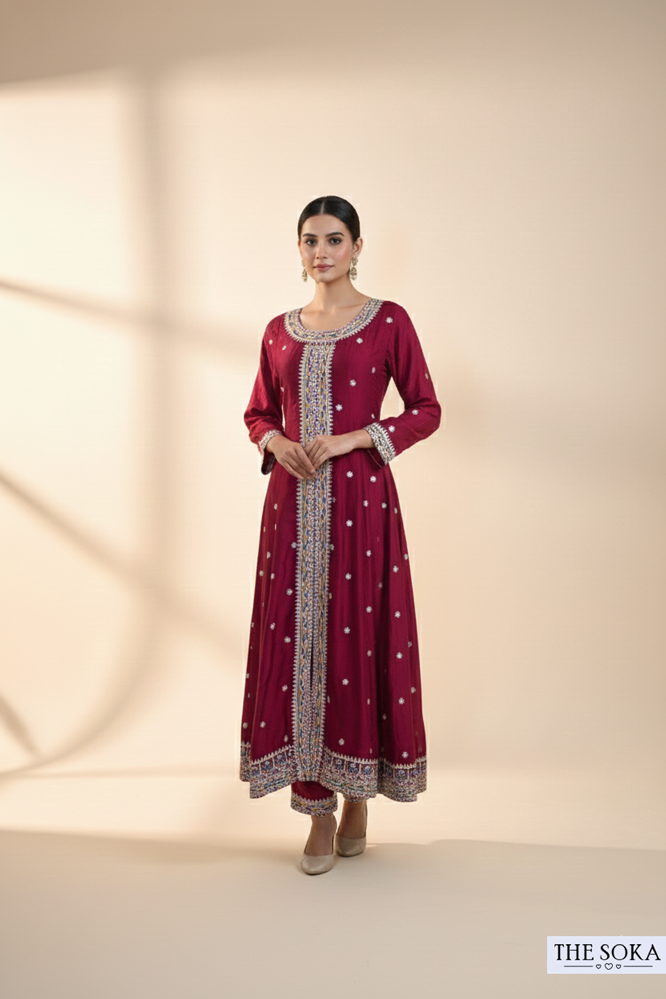 Maroon Embroidered Anarkali Suit Set with Teal Dupatta