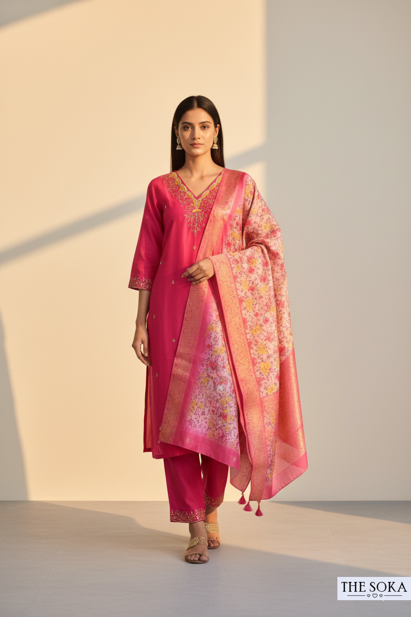 Maroon Embroidered Kurta Set with Pant and Floral Print Dupatta