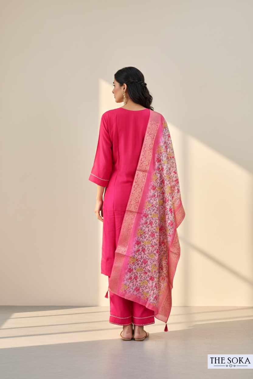 Maroon Embroidered Kurta Set with Pant and Floral Print Dupatta