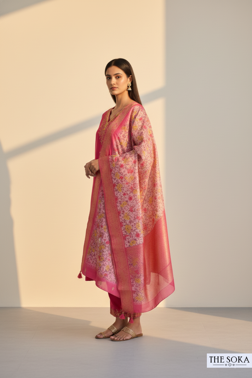 Maroon Embroidered Kurta Set with Pant and Floral Print Dupatta