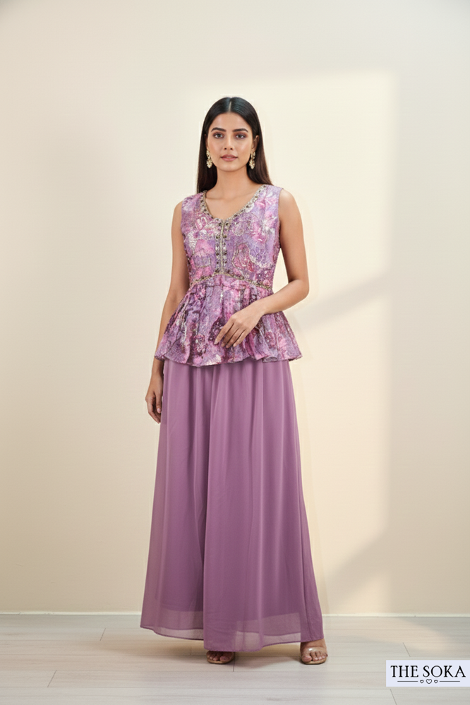 Mauve Embroidered Peplum Kurta with Palazzo Skirt and Dupatta