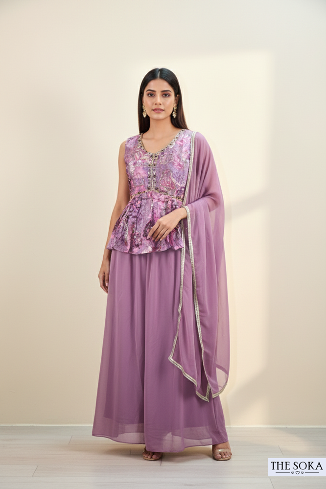 Mauve Embroidered Peplum Kurta with Palazzo Skirt and Dupatta