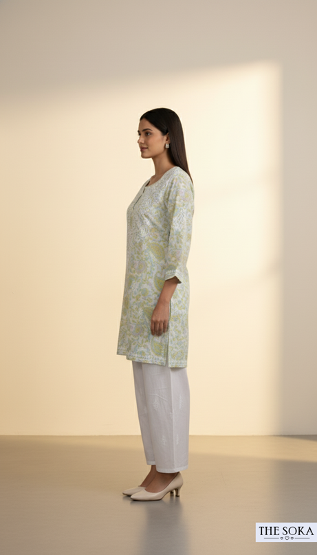 Mint Bloom Handcrafted Mulmul Chikankari Short Kurti