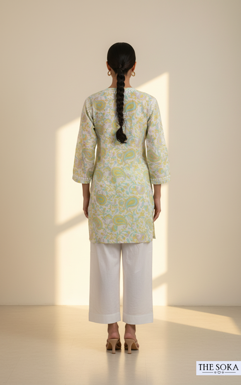 Mint Bloom Handcrafted Mulmul Chikankari Short Kurti