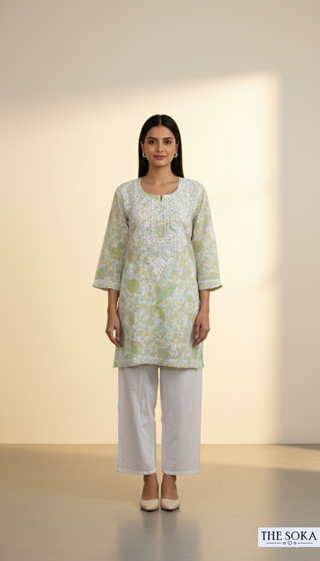 Mint Bloom Handcrafted Mulmul Chikankari Short Kurti